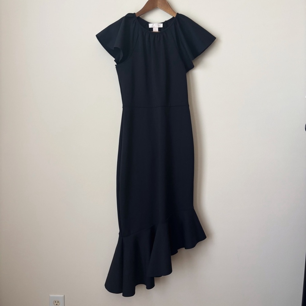 Rachel Parcell Black Beauty Asymmetrical Ruffle Hem Midi Dress XS NEW NWT